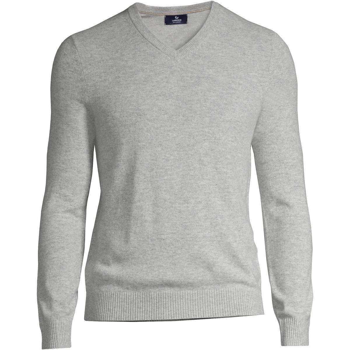 Big & Tall Lands End Fine-Gauge Cashmere V-neck Sweater, Mens Light Gray Grey Product Image