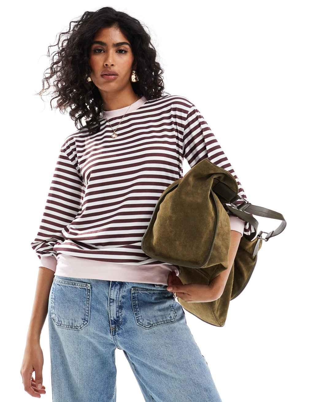 ASOS DESIGN long sleeve stripe top with contrast cuffs and neckband in brown Product Image