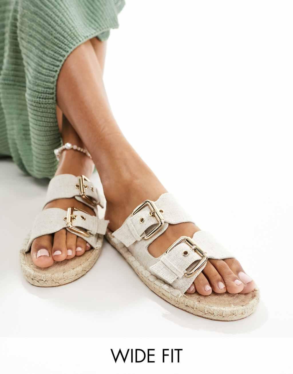 ASOS DESIGN Wide Fit Jada double buckle espadrille sandals in white Product Image