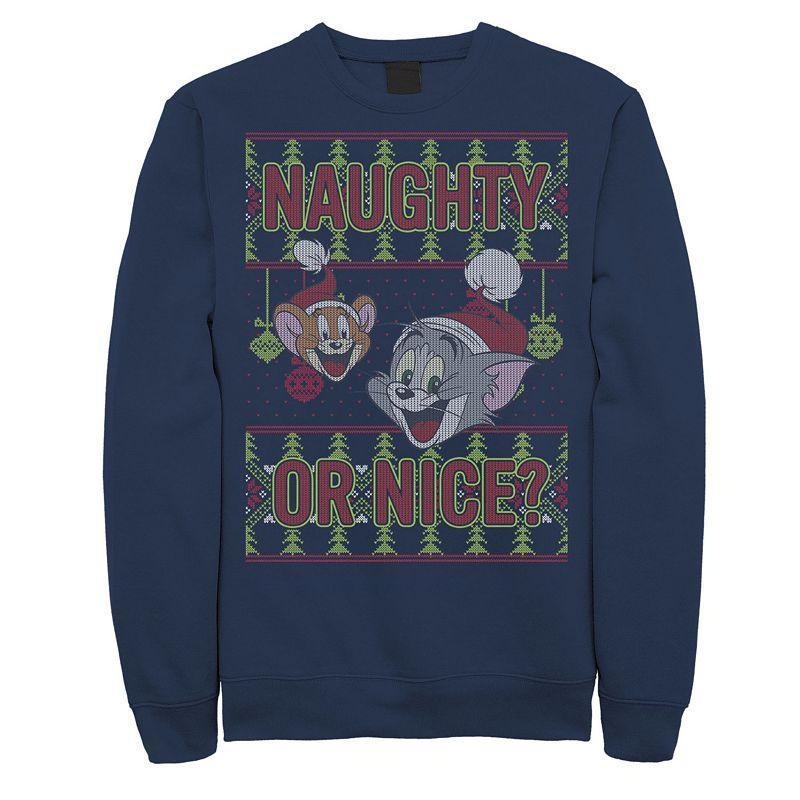 Mens Tom And Jerry Naughty Or Nice Holiday Pattern Graphic Fleece Blue Product Image