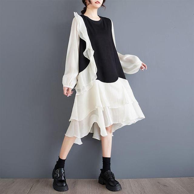 Long-Sleeve Round Neck Asymmetrical Ruffle Trim A-Line Dress Product Image