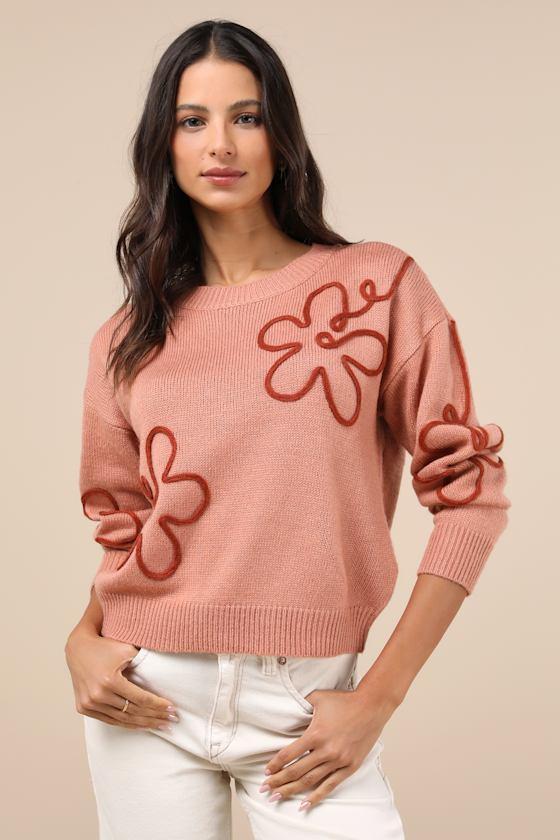 Composed Cutie Dusty Pink Floral Applique Pullover Sweater Product Image