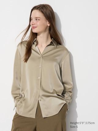 Womens Satin Blouse Long-Sleeve Beige Small UNIQLO US Product Image