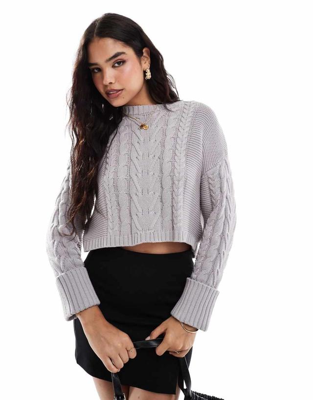 French Connection cropped cable knit sweater in light gray  Product Image