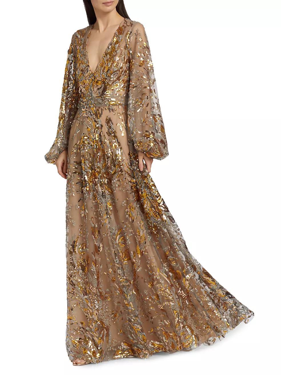 Sequin-Embellished V-Neck Gown Product Image