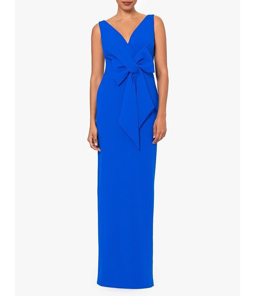 Betsy & Adam Scuba Crepe V-Neck Sleeveless Bow Gown Product Image