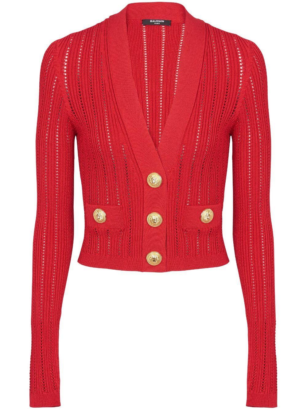 Cropped Knitted V-neck Cardigan In Red Product Image