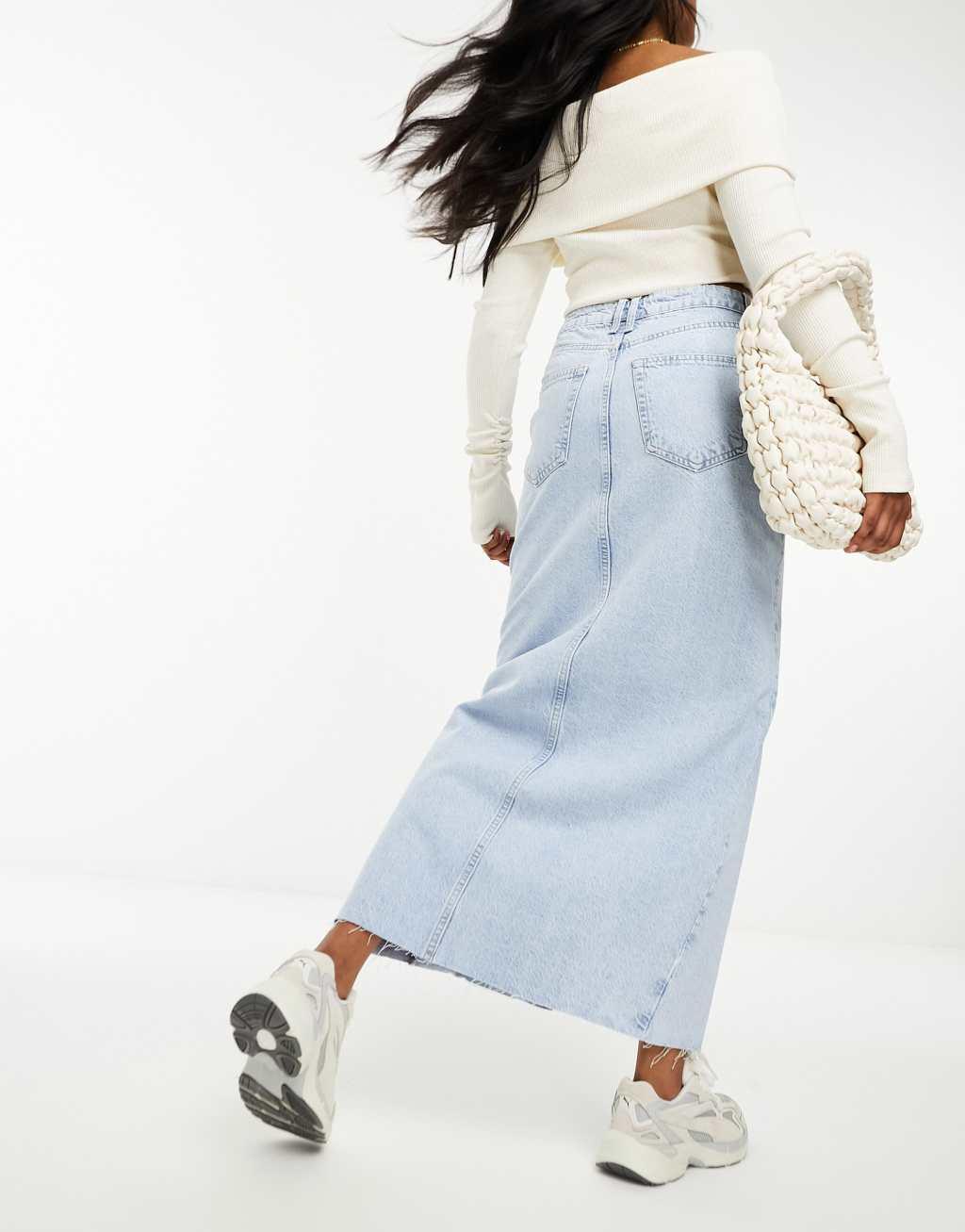 River Island split front denim midi skirt in light blue Product Image