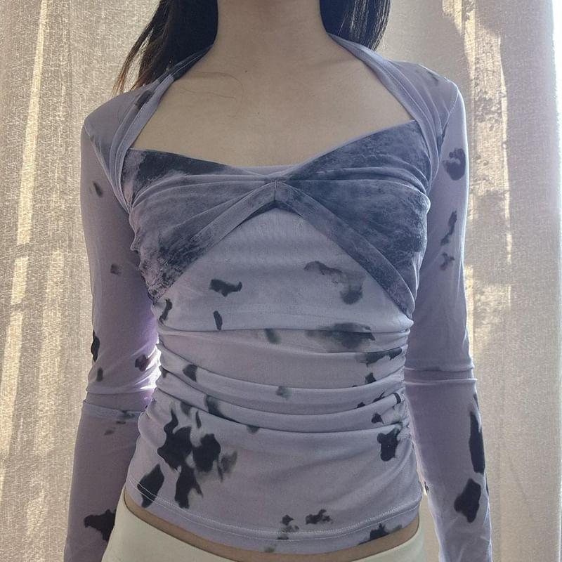 Long Sleeve Square-Neck Tie-Dyed Ruched Mesh Slim-Fit Crop Top Product Image