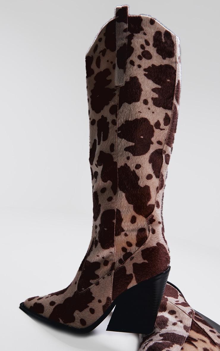 Beige Contrast Cow Print Point Toe Heeled Westerns Knee Boots Product Image