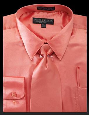 Satin Dress Shirt Regular Fit in Coral With Tie And Pocket Square Product Image