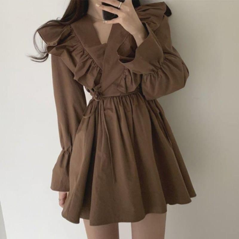 Puff-Sleeve V-Neck Plain Ruffle Mini A-Line Dress Product Image