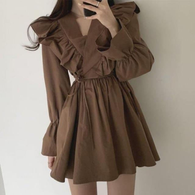 Puff-Sleeve V-Neck Plain Ruffle Mini A-Line Dress Product Image