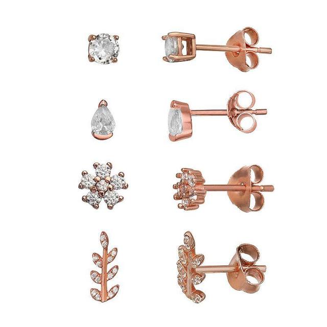 PRIMROSE 4-Pair 18k Gold Over Silver Cubic Zirconia Stud Earring Set, Womens, Two Tone Rose Gold Product Image