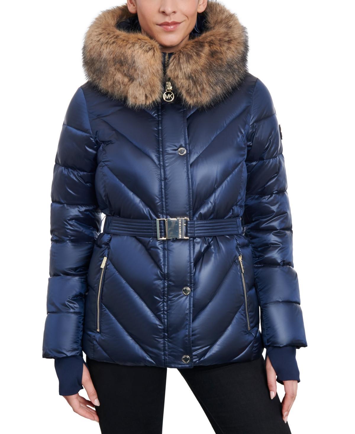 Women's Shine Belted Faux-Fur-Trim Hooded Puffer Coat Product Image