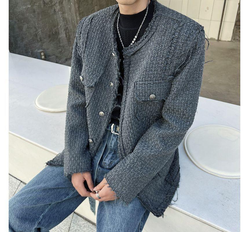 Crew Neck Frayed Trim Single-Breasted Jacket Product Image