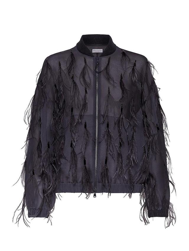 Womens Crispy Silk Bomber Jacket with Dazzling Feather Embroidery Product Image