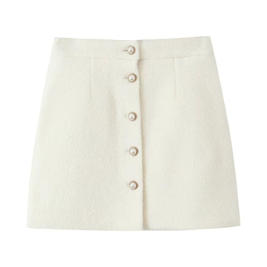 Sweetheart Neck Plain Faux Pearl Button Vest / High Rise Mini A-Line Skirt Product Image