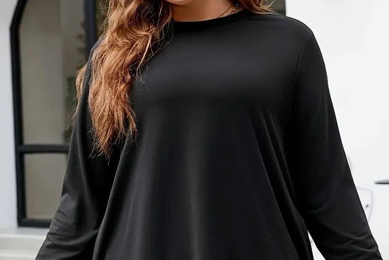 Plus Size Long-Sleeve Round Neck Print Panel A-Line Dress Product Image