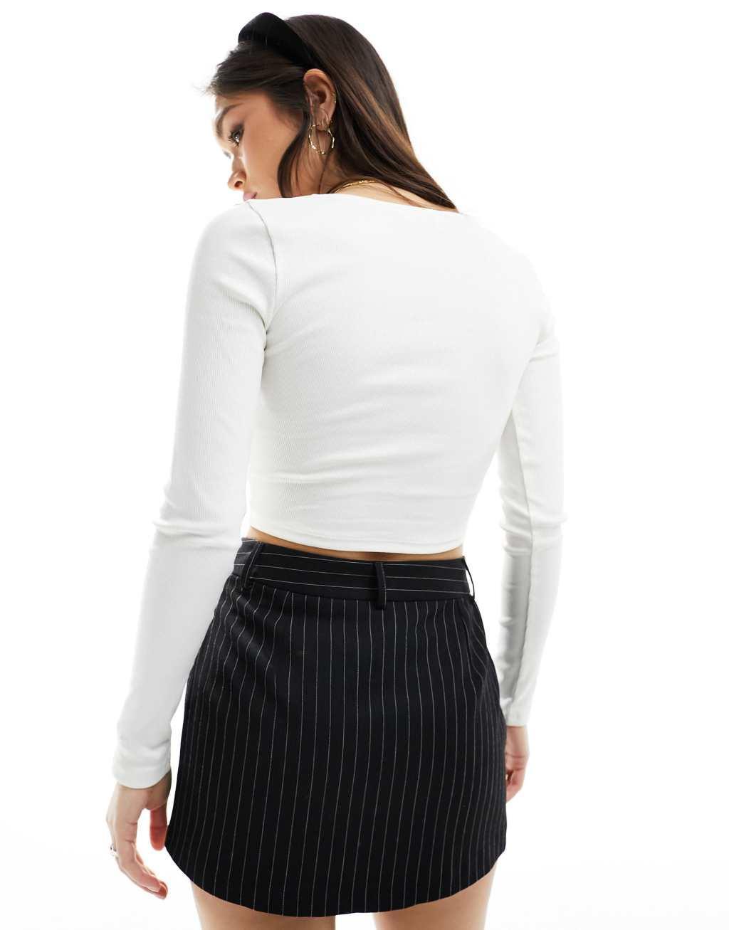 Miss Selfridge long sleeve corset rib top in ivory Product Image