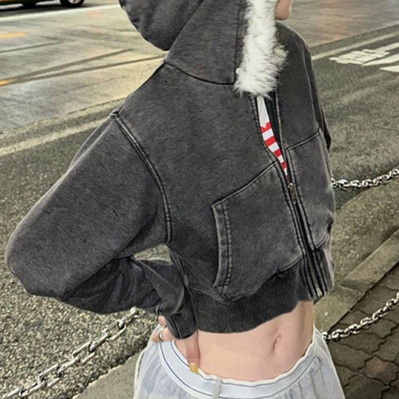 Long Sleeve Washed Furry-Trim Zip-Up Hooded Jacket Product Image