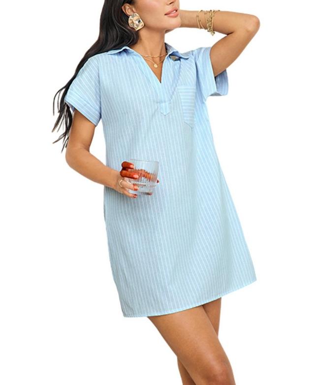 Cupshe Womens Blue & White Stripe Collared Short Sleeve Mini Beach Dress Product Image