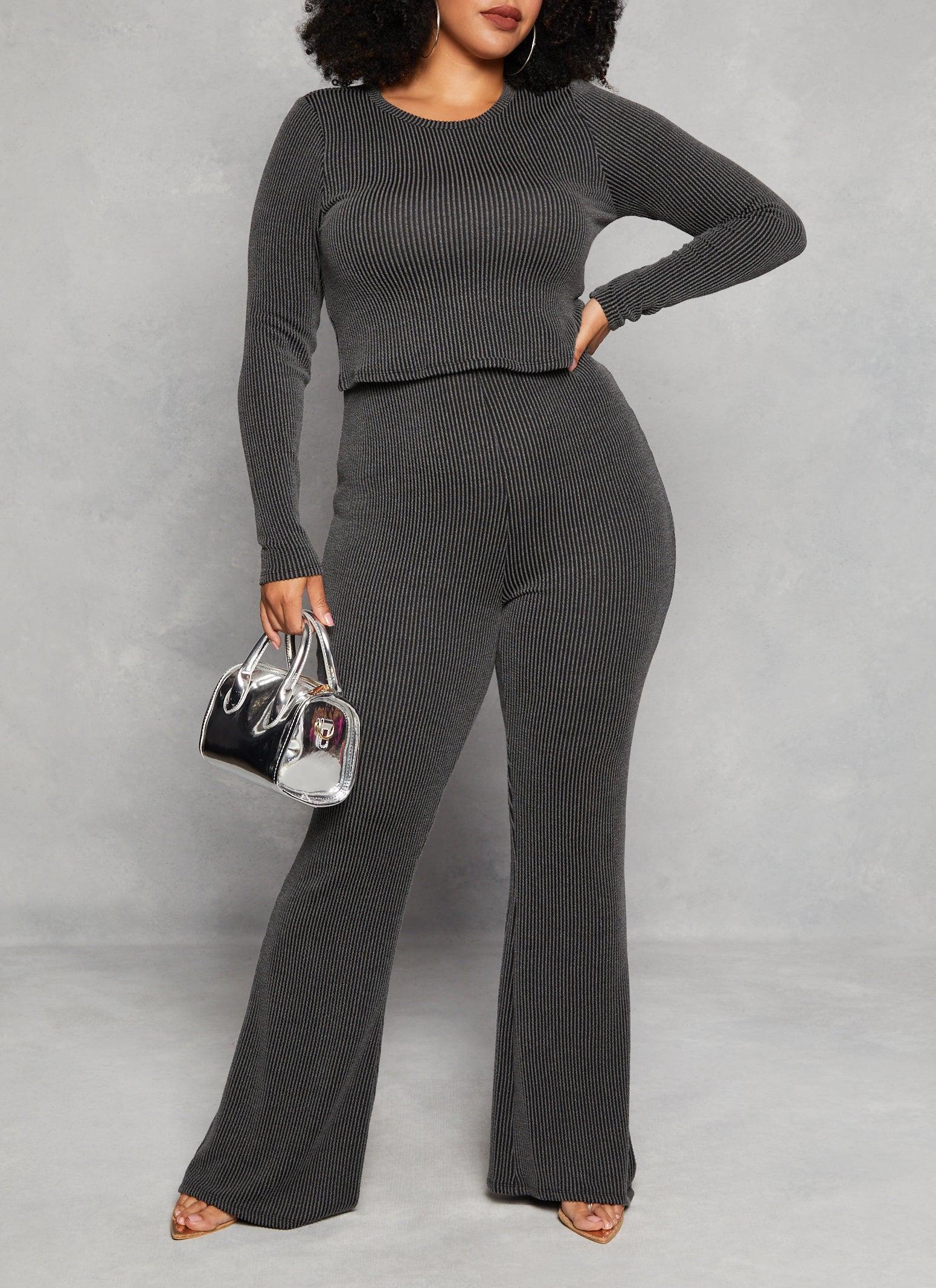 Womens Plus Size Almost Famous Ribbed High Waist Flare Pants product image