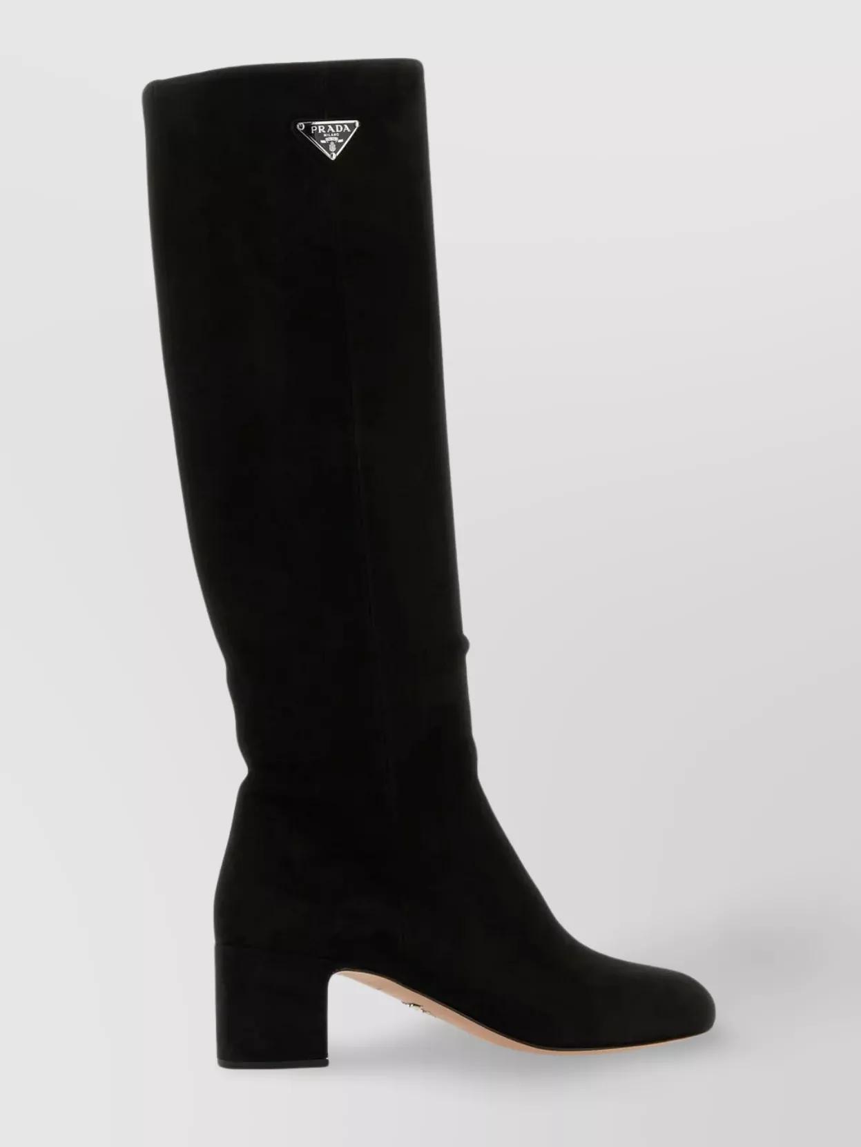 Suede Knee Length Boots With Block Heel In Gray product image