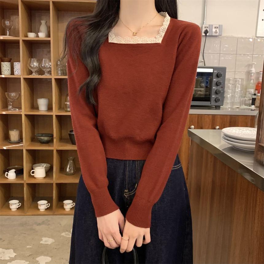 Long-Sleeve Square Neck Plain Knit Top Product Image