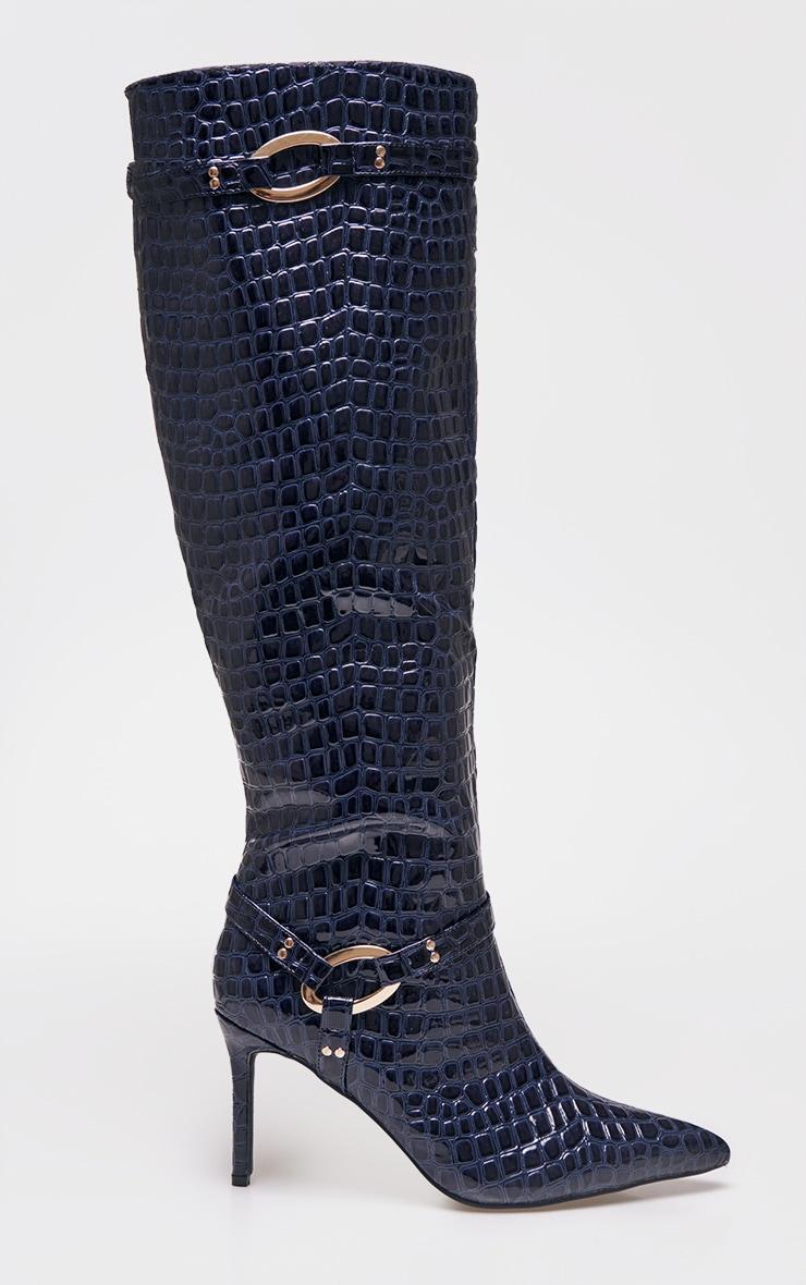 Blue Croc PU Point Toe Ring Detail Knee High Heeled Boots Product Image