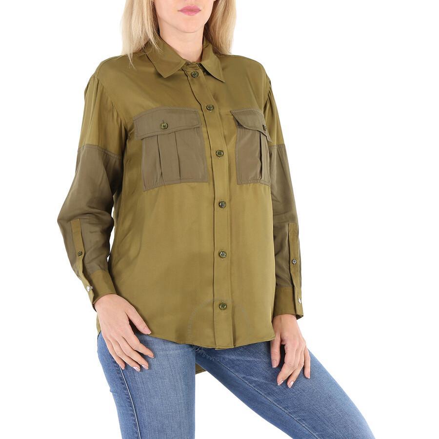 BURBERRY Ladies Dark Seaweed Green Ferne Panelled Oversized Shirt Product Image