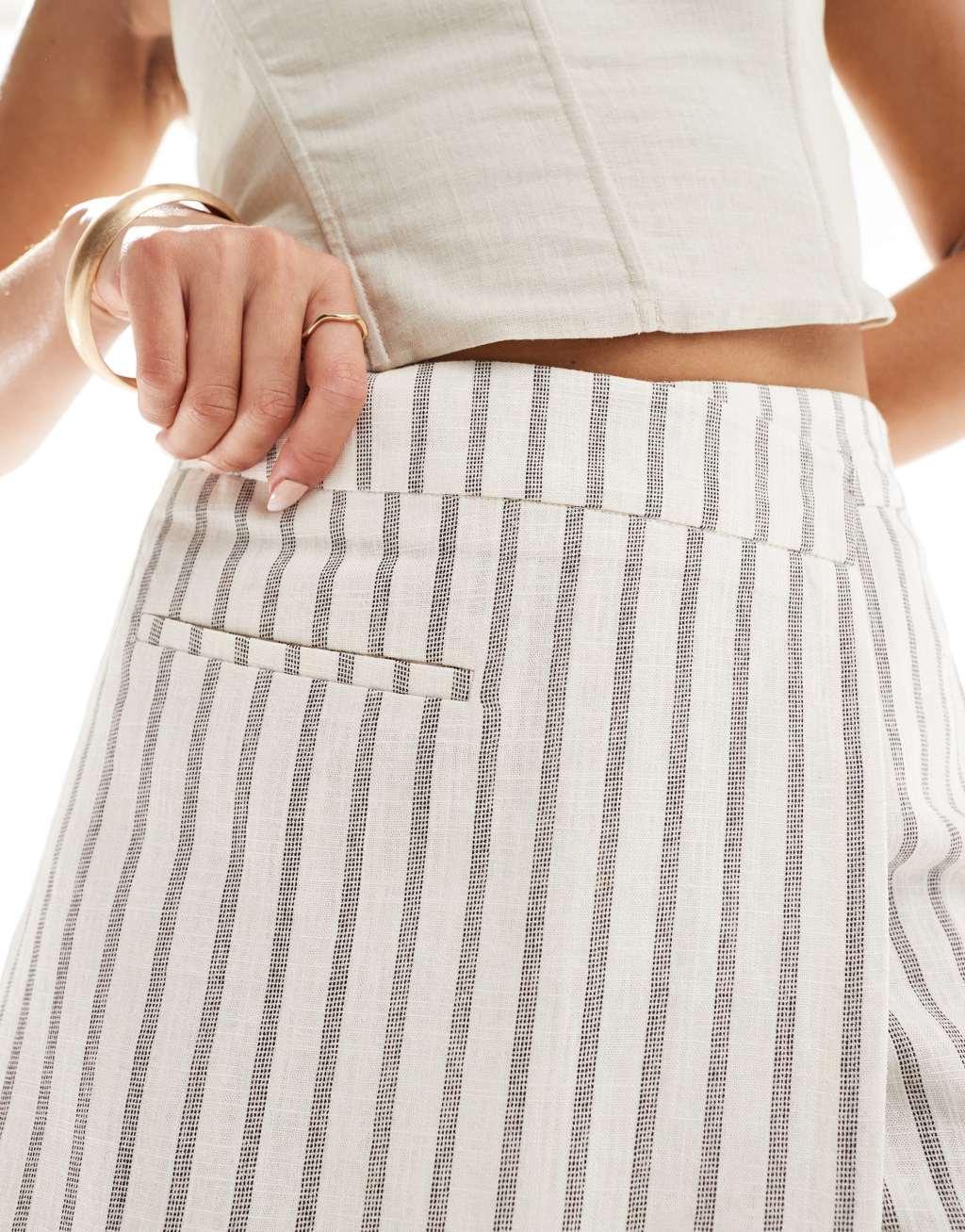 Stradivarius linen look wrap detail skort in rustic stripe  Product Image