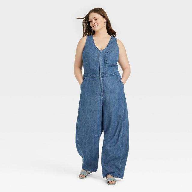 Womens Curved Leg Denim Jumpsuit - Universal Thread Medium Wash Product Image