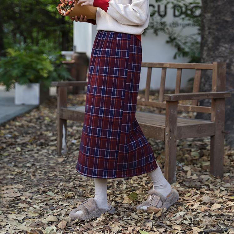 High Waist Plaid A-Line Midi Skirt Product Image