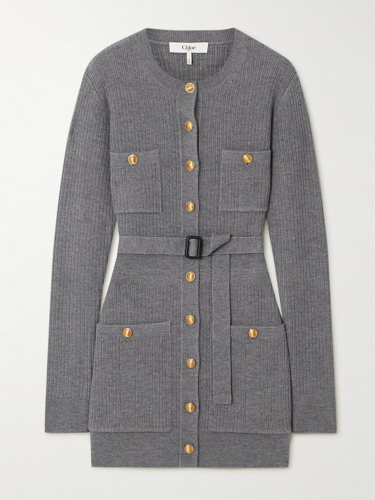 Belted Wool Knit Cardigan In Grey Product Image