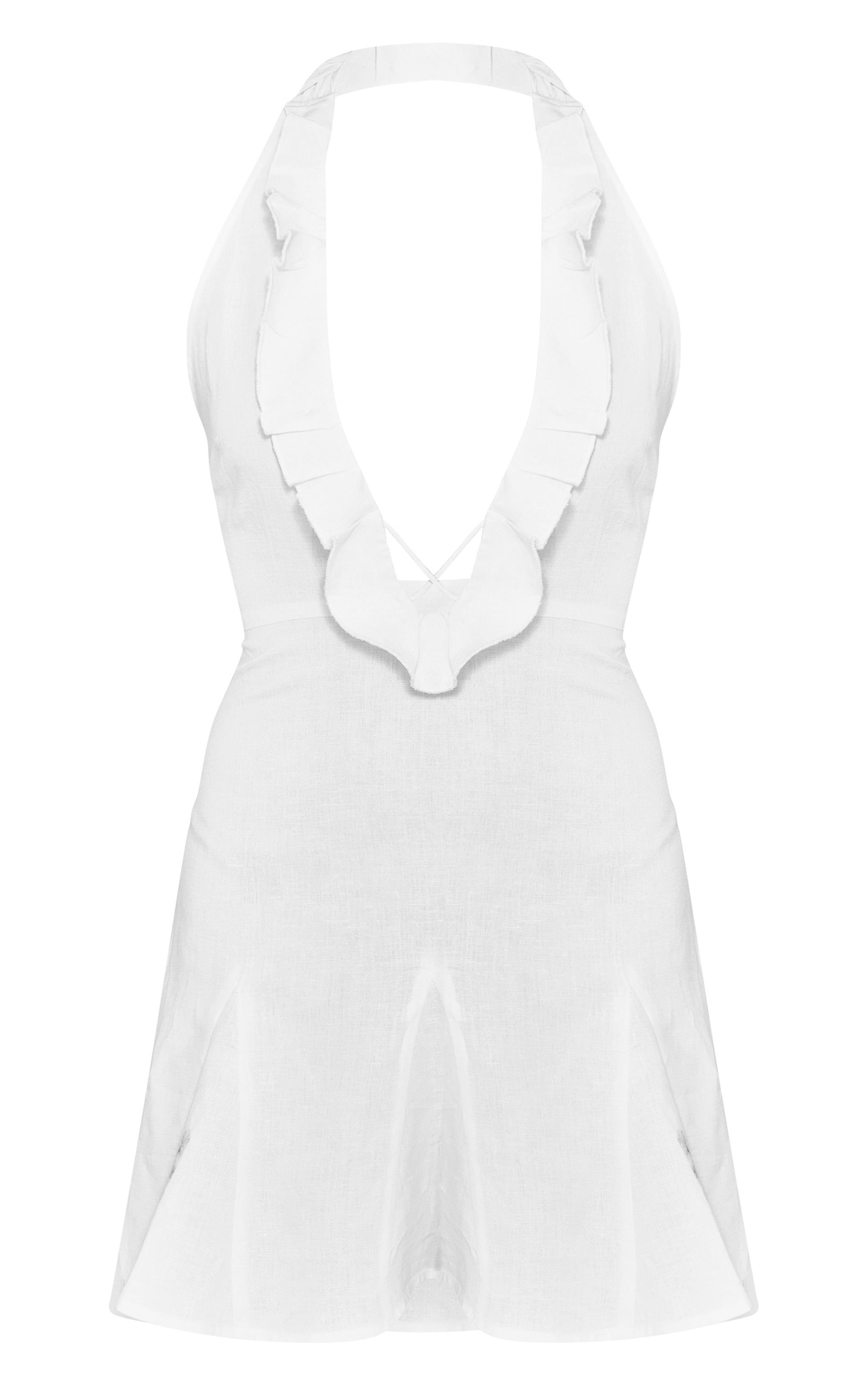 White Linen Frill Neck Cross Front Mini Dress Product Image