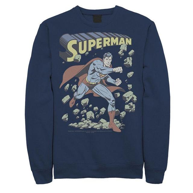 Mens DC Comics Superman With Rocks Vintage Poster Sweatshirt Blue Product Image