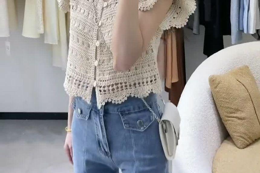 Short-Sleeve Plain Crochet Knit Top Product Image