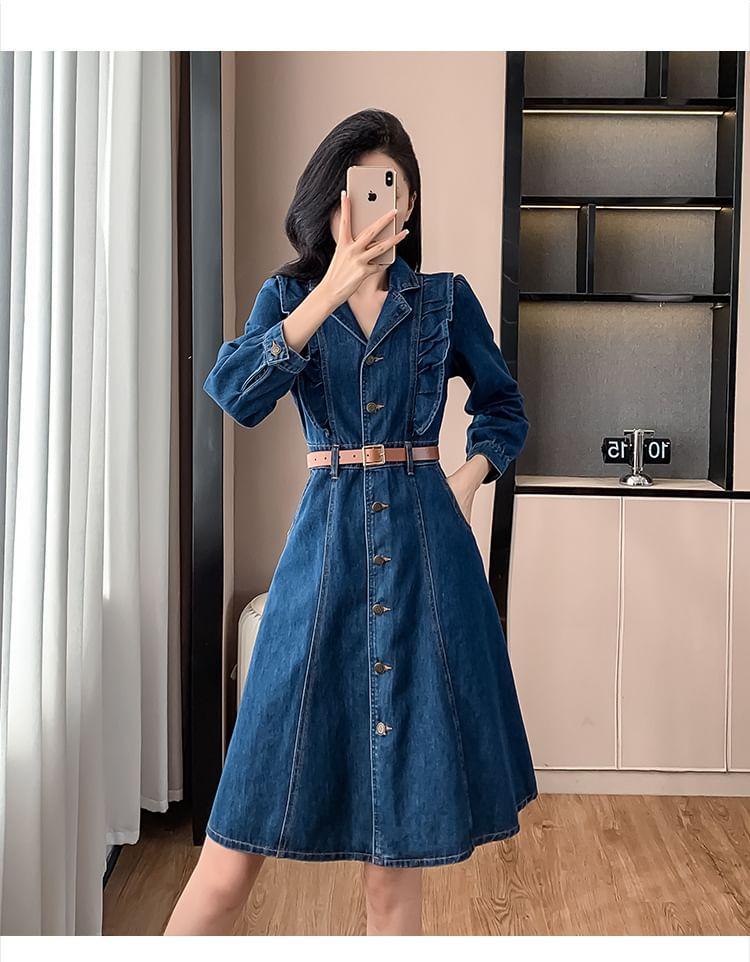 Long-Sleeve Denim Midi A-Line Shirt Dress Product Image