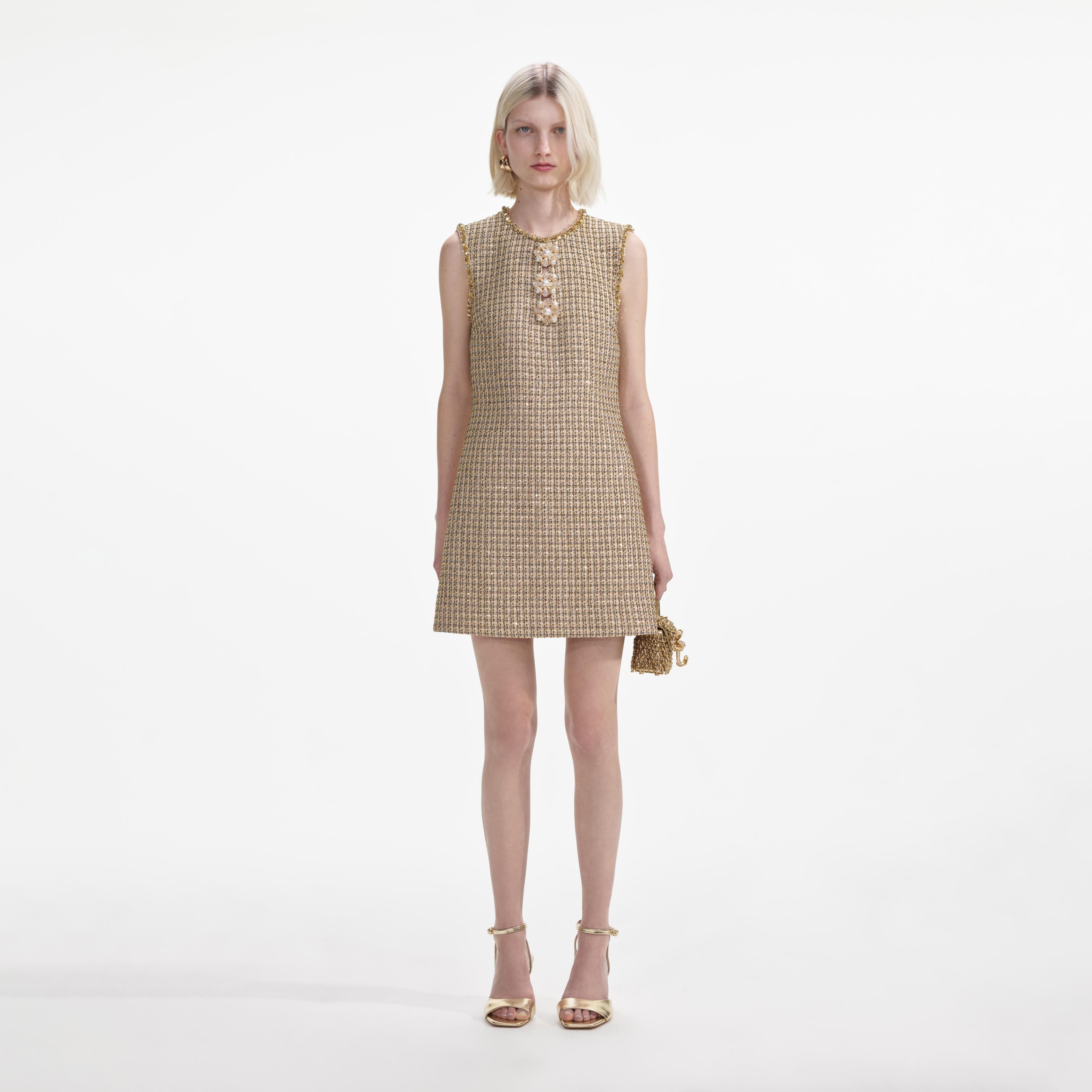 Gold Boucle Embellished Mini Dress Product Image