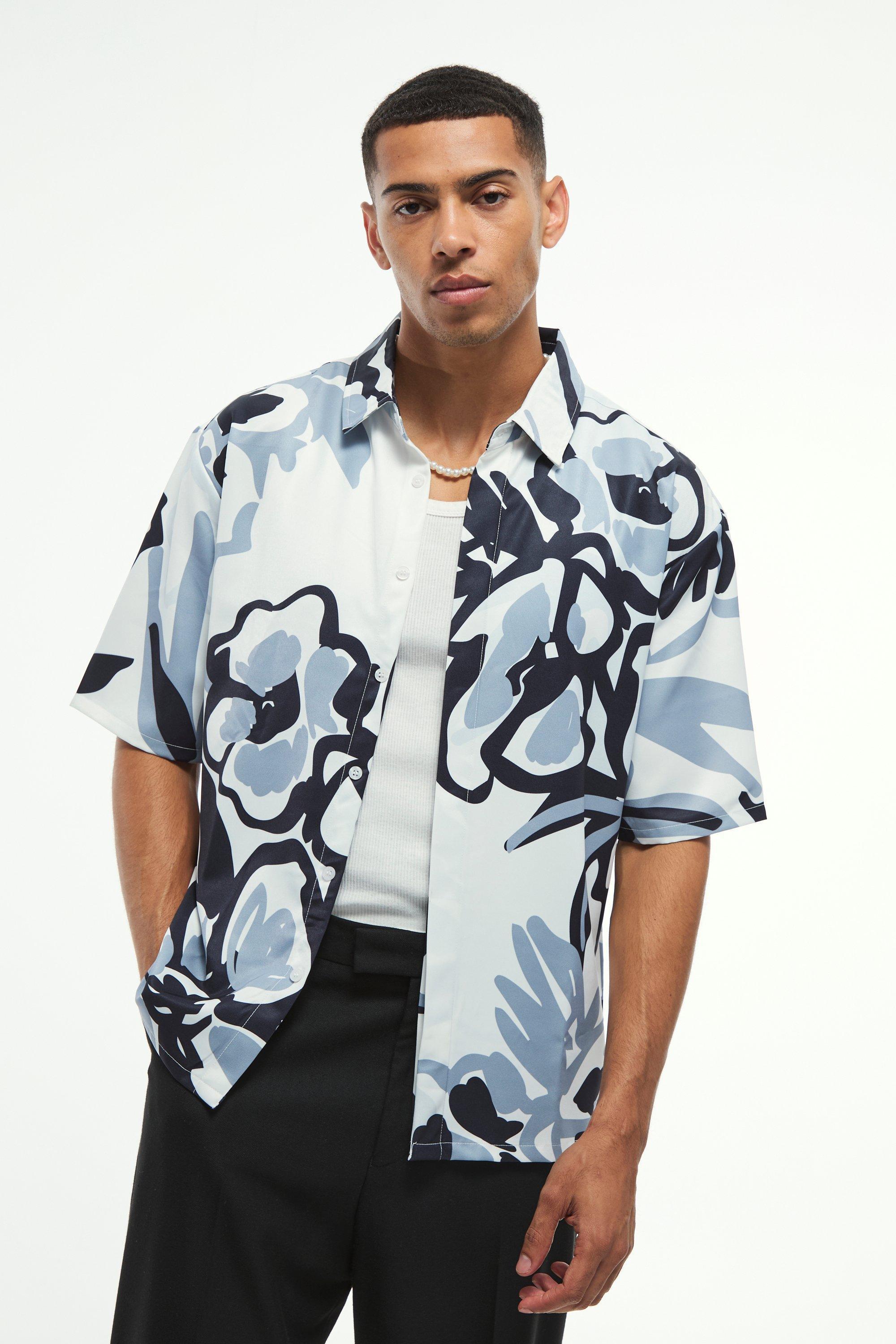 Mens Black Oversized Soft Twill Printed Revere Shirt, Black Product Image