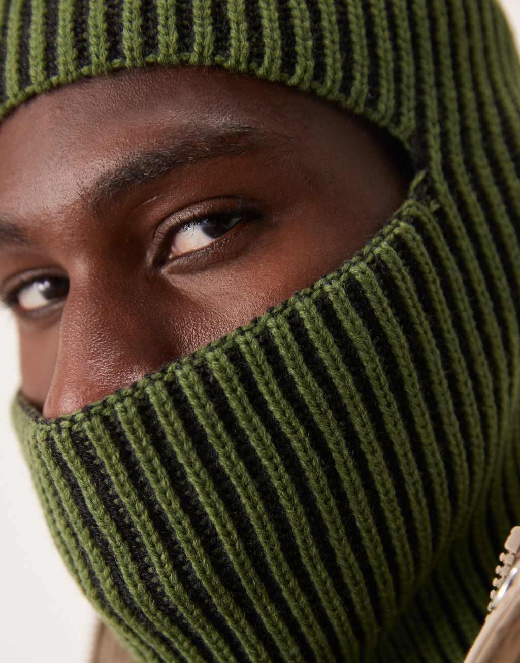 ASOS DESIGN ribbed balaclava in khaki Product Image