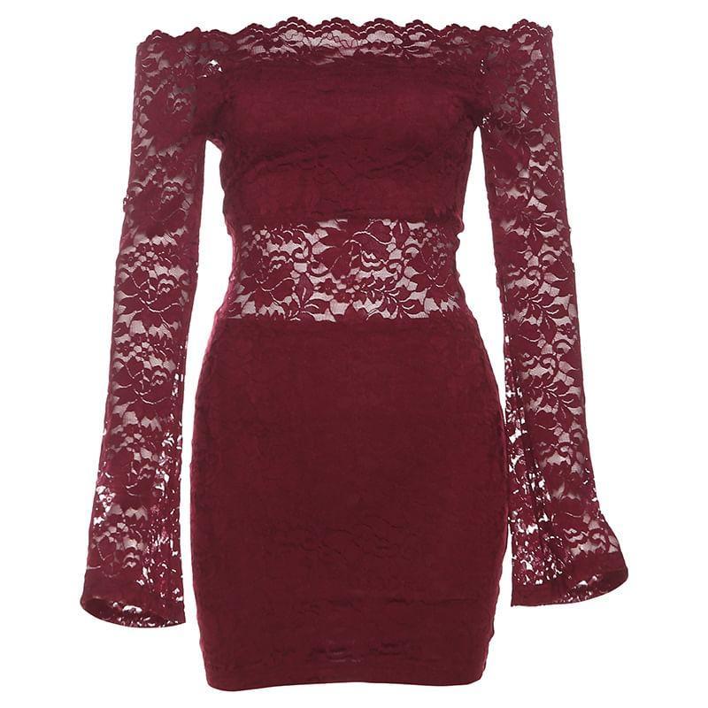 Off-The-Shoulder Long Sleeve Lace Bodycon Mini Dress Product Image