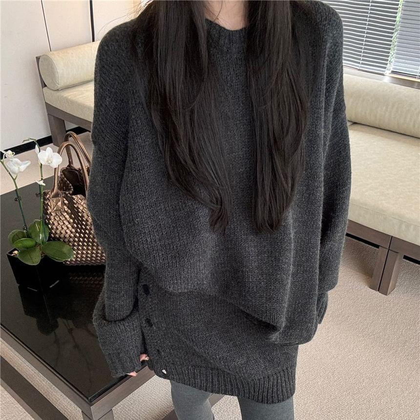 Set: Drop Shoulder Crew Neck Plain Oversized Sweater + High Waist Plain Mini Pencil Skirt Product Image