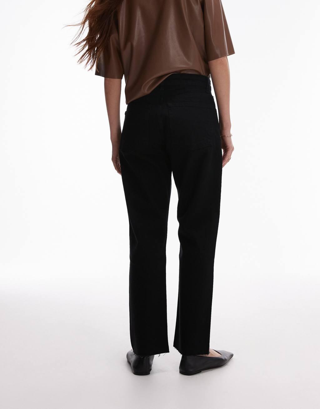 Topshop cropped mid rise straight jeans with raw hems in black Product Image