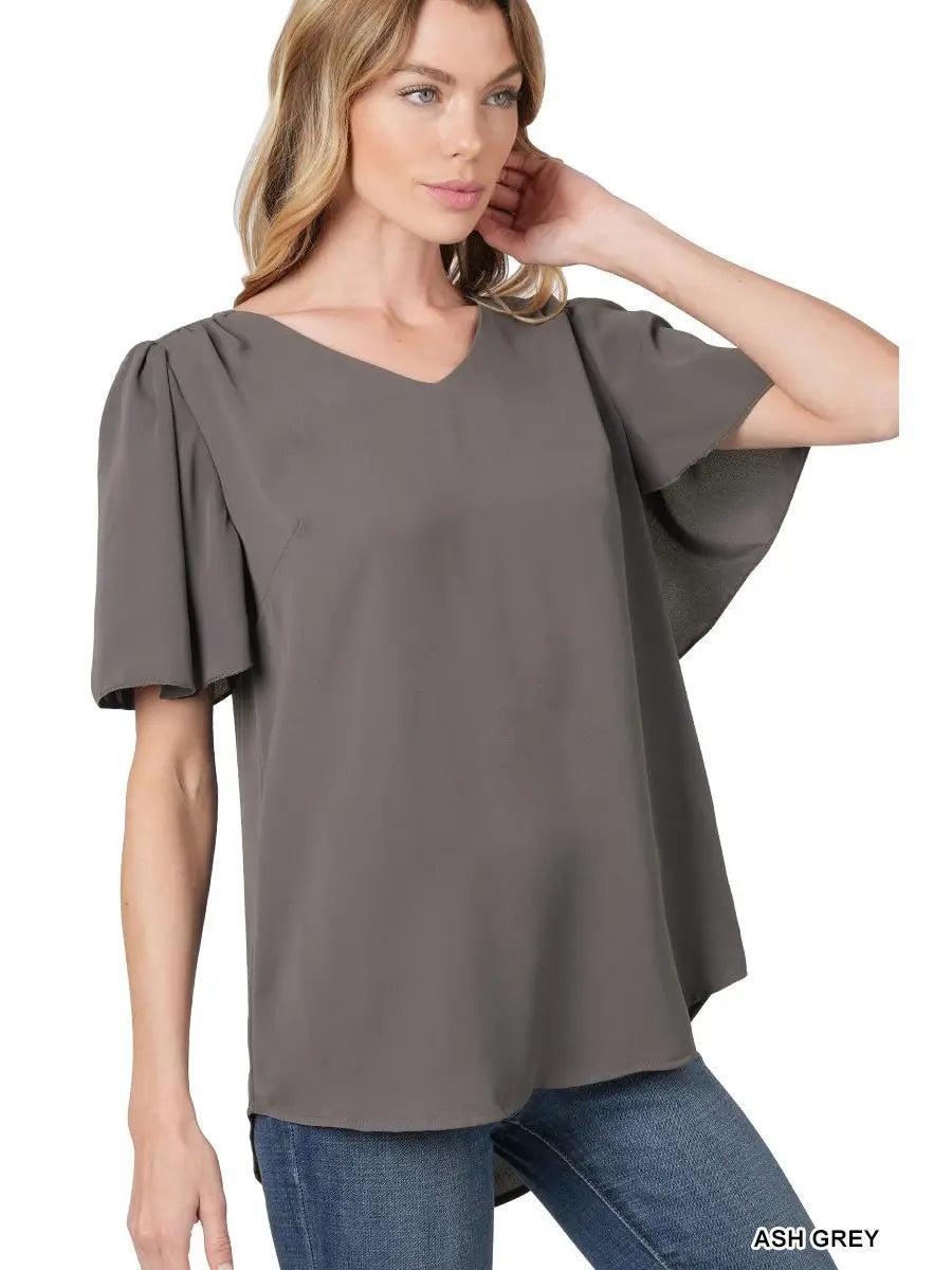 Gray Woven Waterfall Sleeve Top Female Product Image