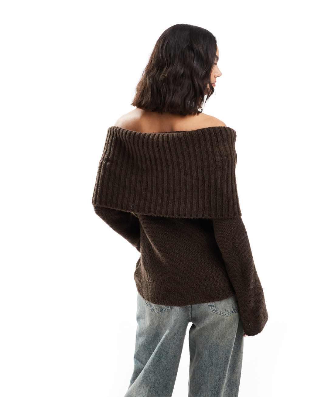 ASOS DESIGN chunky bardot rib sweater in chocolate Product Image