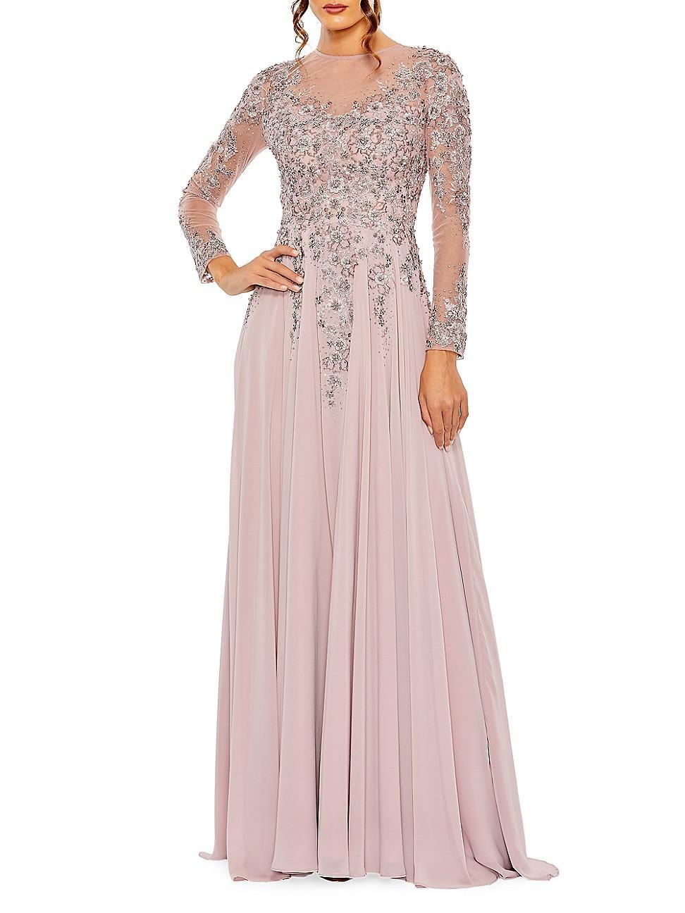 Womens Embellished Illusion Long-Sleeve A-Line Gown Product Image