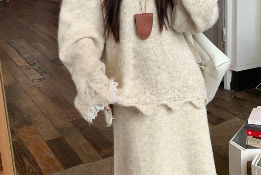 Long-Sleeve Crew Neck Lace Hooded Sweater / Midi Rise Midi Knit Skirt Product Image