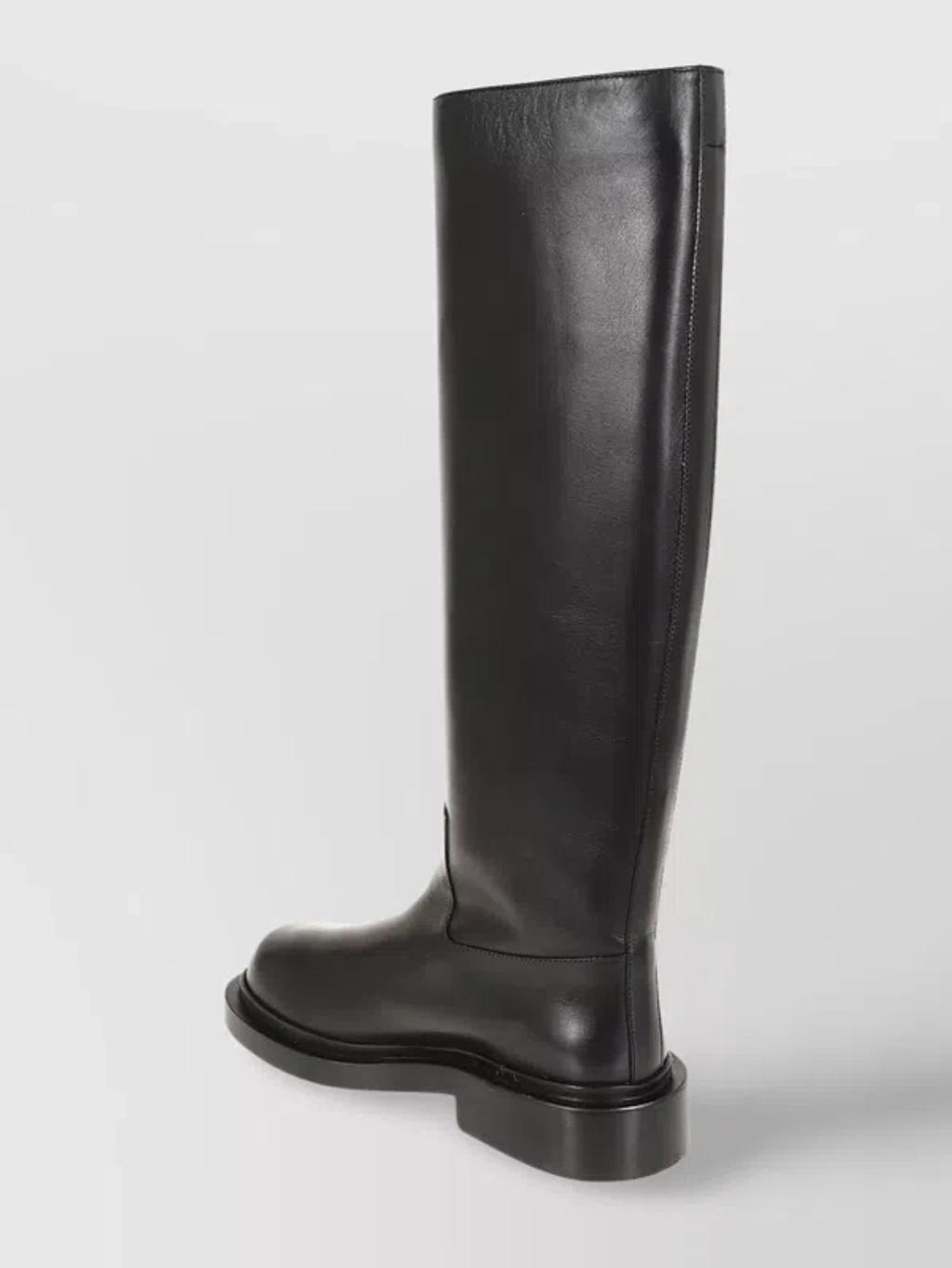 Chunky Heel Leather Knee-high Round Toe Boot In Black product image